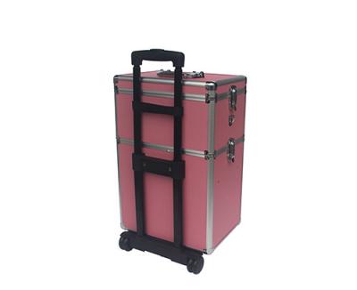 China Pink Aluminum Makeup Trolley Case Rolling Aluminum Cosmetic Case for sale