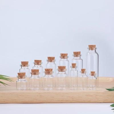 China Personal care 10ml 12ml 15ml 20ml 30ml corked bottles empty small tiny clear glass bottles with cork for sale