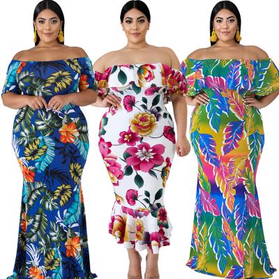 China New Anti Static Arrive Plus Size Women Clothing 4xl 5xl Floral Layered Ruffle Off The Shoulder Plus Size Maxi Dress for sale