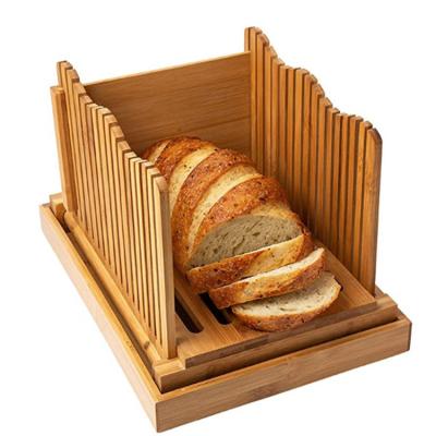 China Workable 3 Slice Folding Thickness Bread Slicer Manual Bamboo Wooden Guide with Long Knife and Crumb Tray for Homemade Bread, Cake, Bagel for sale