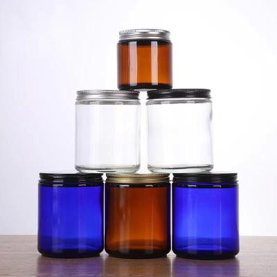 China 8oz Matte Black /Green/Clear/ Amber Customer Label Empty Glass Candle Cosmetic Jars With Metal Lids100ml 250ml 500ml for sale