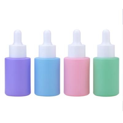 China 1oz 30ml Cosmetic Rose Macaroon Colored Shoulder Cylindrical Flat Matte Frosted Essential Oil Glass Dropper Bottle For Perfume for sale