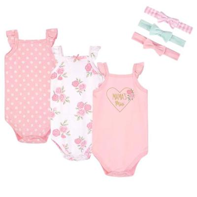 China 2021 Wholesale 3pcs Bodysuits 100% Cotton Short Sleeve With Headbands 3pcs Newborn Gifts Cotton Baby Summer Onesie Organic Clothes for sale