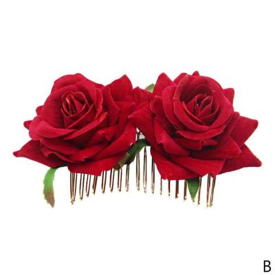 China Plastic+fabric Artificial Hair Silk Border Comb Wedding Head Piece Bridal Red Rose Flower Hair Clip Women for sale