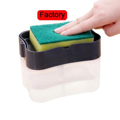 China Viable Hot Selling Dish Washing Manual Soap Dispenser Wash Kitchen 2 In 1 Sponge Soap Storage Box For Kitchen Washing for sale