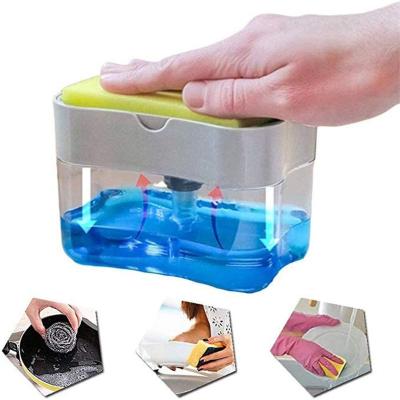 China Viable Hot Selling Dish Washing Manual Soap Dispenser Wash Kitchen 2 In 1 Sponge Soap Storage Box For Kitchen Washing for sale