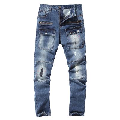 China Viable Men Ripped Tapered Multi-pocket Washed, Bleached, Distressed Painted Long Skinny Jeans for sale