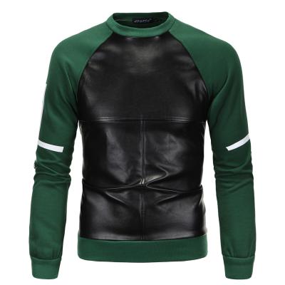 China Pullover Men's Faux Leather Patchwork Cotton Crewneck Long Sleeve T-shirt Cross Bottom Jacket for sale