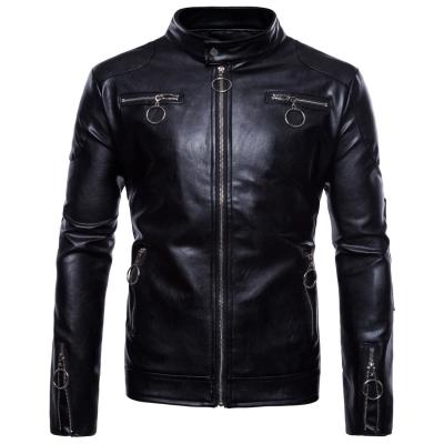 China Breathable Men's Cloth Pocket Cuff Zipper Trim Stand Windproof Collar Cropped Zipper Faux Leather Biker Jacket for sale