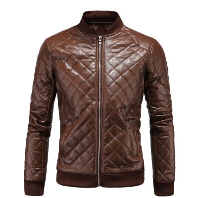 China Brown Diamond Stitch Panel Leather Knit Breathable Men's Premium Turtle Neck Zipper Half Leather Bomber Jacket for sale