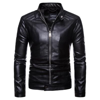 China Regular Men's Faux Leather Windproof Double Shoulder Thickened Stand Collar Zipper Short Motorcycle Jacket for sale