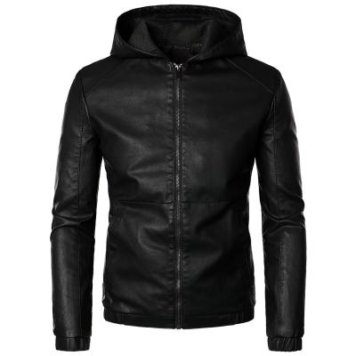 China Hood Cropped Men's Leather Jacket Black Faux Zipper Leather Windproof Waterproof Biker Jacket for sale