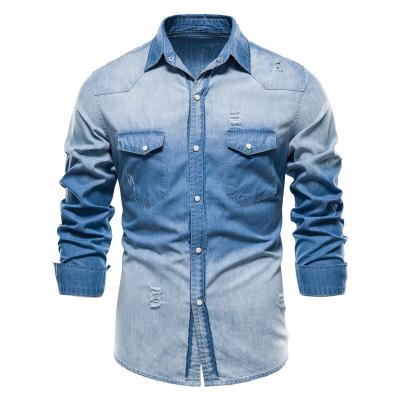 China Breathable Mens Vintage Distressed Slim Fit Double Button Ripped Pocket Denim Shirt for sale