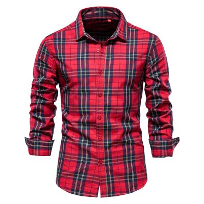 China Breathable Men's Cotton Blend Brushed Cotton Red And Black Business Casual Plaid Long Sleeve Soft Shirt for sale