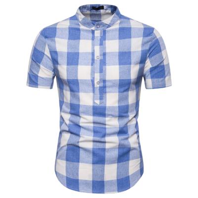 China Breathable Men's Cotton Blue And White Mixed Print Check Sleeve Stand Collar Short Pullover Shirt for sale