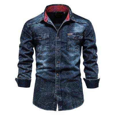 China Anti-Shrink Mens Vintage Distressed White Cotton Pocket All-match Long Sleeve Denim Shirt for sale