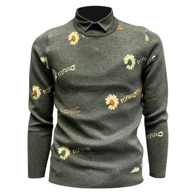 China Anti-pilling Men's Sunflower Chrysanthemum Shirt Stand Collar Knitted Two-Piece Long Sleeve T-Shirt for sale