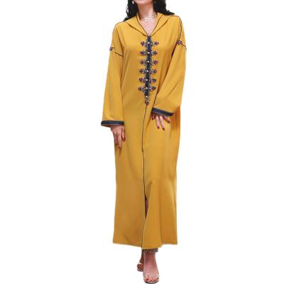 China Abaya Hooded Muslim Women Long Dress Luxury Rhinestone Party Evening Dress Islamic Arabic Moroccan Jalabiya Dubai Eid Yellow Kaftan for sale