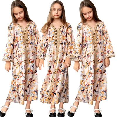 China East Islamic Muslim Print Eid Ramadan Jilbab Vintage Arabic Middle Dubai Clothing Abayas Kaftan Robe Kids Casual Girls Fashion Long for sale