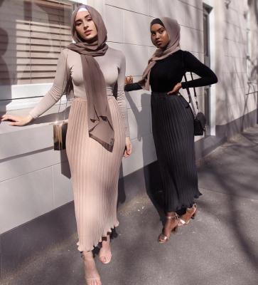 China Polyester Fashion Women Pleated Waist Muslim Maxi Skirt Islamic Arab Pencil Solid Color Bottoms Long Skirts High Ruffle Skirts Arab Abaya for sale