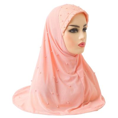 China Islamic Ethnic Muslim Women Hijab Scarf Woman Amira Full Cover Headwear One Piece With Beautiful Beading Lace 70*60CM for sale