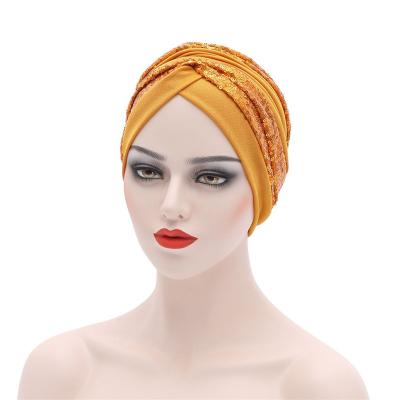 China New Sequin Gele Headtie Women's Head Wrap Chemo Bonnet Hat Islamic Hair Loss Cover Cap Scarf Auto Muslim African Ethnic Hijab Muslim Turban for sale