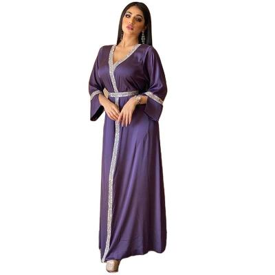 China Moroccan Loose Maxi Dress With Belt Middle Abaya Kaftan Polyester Rhinestone Long Robe Arabic Jilbab Women Luxury V-neck Dubai Muslim for sale