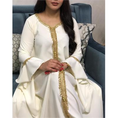 China Polyester Moroccan Women Embroidery Lace Long Maxi Dress Jalabiya Middle East Malaysia Ruffled Sleeve Golden Muslim Abayas Ramadan Arabic for sale