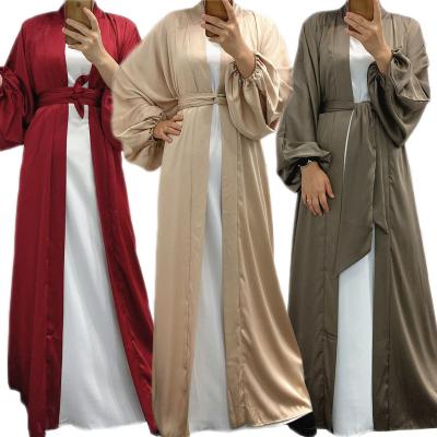 China Elegant Satin Muslim Women Open Kimono Cardigan Breath Long Sleeve Maxi Dress Arab Abaya Islamic Clothing Turkey Kaftan Dress Ramadan New for sale