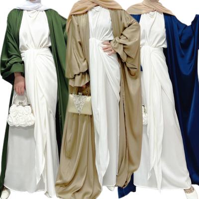 China Satin Eid Open Abaya Kimono Satin Dubai Abayas For Women Muslim Plain Puff Sleeve Hijab Kaftan Turkey Islam Moroccan Clothing for sale