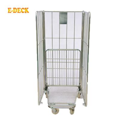 China 3 Side Logistics Industrial Mobile Laundry Equipment Wire Mesh Industrial Metal Roll Detachable Cage Trolley for sale