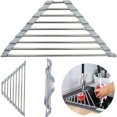 China Viable Triangle Rolled Dish Drying Rack for Universal Sink Kitchen Drainer Cart Organizer Storage Space Saver Shelf Rack (Grey) for sale