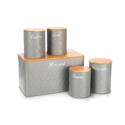 China Freshness Preservation 5pcs Kitchen Storage Set Airtight Lids Gray Metal Container With Cookie Barrel Canister Embossed Design for sale