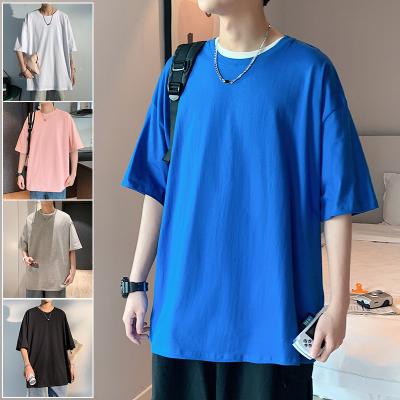 China Anti-wrinkle summer 200g solid color Hong Kong style short sleeve men's cotton loose large size T-shirt for sale