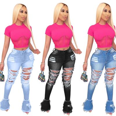 China 2021 Popular Women High Waist Elastic Denim Pants QUICK DRY Women Fashion Ripped Pants Jeans for sale