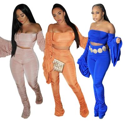 China Elastic two-piece suit flared pleated pants Y-1668 breathable large size women's autumn 2021 explosive news top for sale