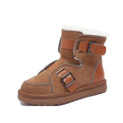 China Anti-odor women fashion basic snow boots fur microfiber brown outsole flat round toe loop stripe shoes for sale