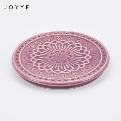 China Joyye Stocked Reactive Chandelier Around Small Ceramic Cafe Logo Coaster With Silicon Base Purple Coasters for sale