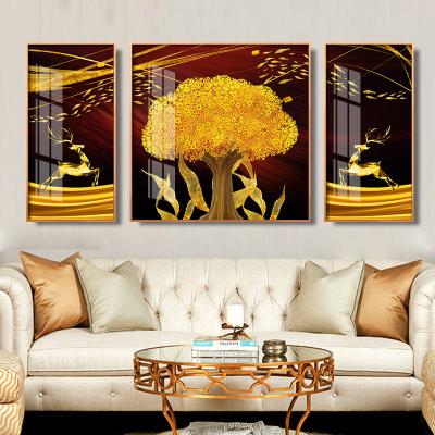 China Hot Saling Abstract Home Decor 3 Pieces of Tree Luxury Elk Fortune Painting Crystal Porcelain Painting for Hotel Decoration for sale