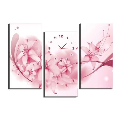 China Abstract Antique Style Pink Floral Painting Unframed 3 Piece Wall Clock Poster Wall Decor Canvas For Living Room Decoration for sale