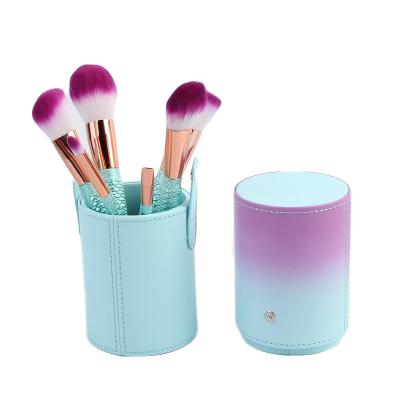 China Ladies Makeup Face Tool Faux Leather Gradient Color Mermaid Fish Tail Cosmetic Brush Container and Holder Makeup Brush Set for sale