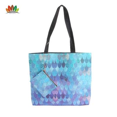 China Mermaid Fish Scale Shopping Beach Handled Mini Pouch Canvas Tote Bag for sale