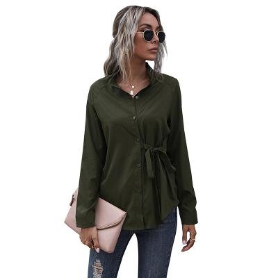 China Anti-pilling 2022 Professional Spring Cardigan Stand Collar Single Breasted Commuter Bandage Shirt Blouses for sale