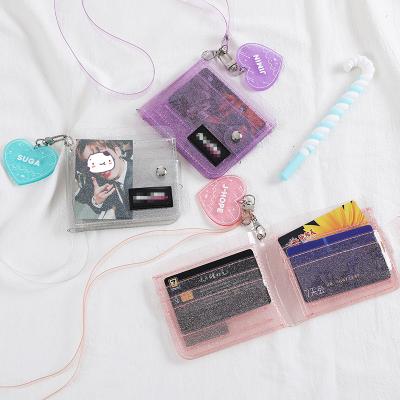 China Clear Plastic 3 Colors ID Card Holder PVC Folding Short Wallet Women Fashion Girl Glitter Business Cards Drawstring Case for sale