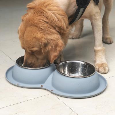 China Sustainable Double Dog Cat Bowls Stainless Steel Pet Bowls No-spill Silicone Food Water Conductor For Large Dogs for sale