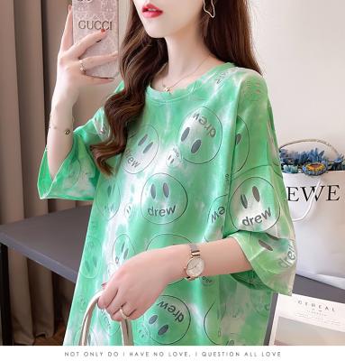 China Wholesale Summer High Quality Women's Anti-pilling Tie Dyeing Round Neck Smiling Mid Length Ladies Cavity Face Short Sleeve T-Shirt for sale