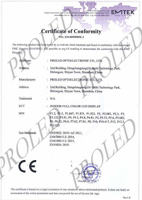 CE Certificate - PROLED OPTOELECTRONIC CO., LIMITED