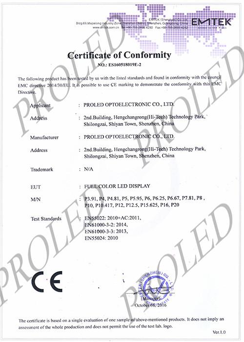 CE Certificate - PROLED OPTOELECTRONIC CO., LIMITED