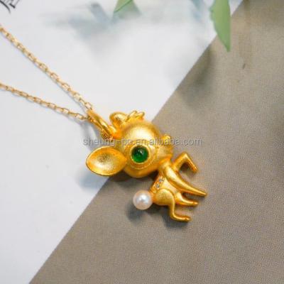 China Cute Little Cute Deer Animal Shaped Natural Emerald Cabochon Diamond Pearl Charm Pendant in Real 18k Yellow Gold for Women Girl Gift for sale