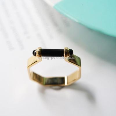 China Real 18k Gold High Quality Octagon Shape Natural Black Agate Design Ring Jewelry Fashion High Quality Women for sale